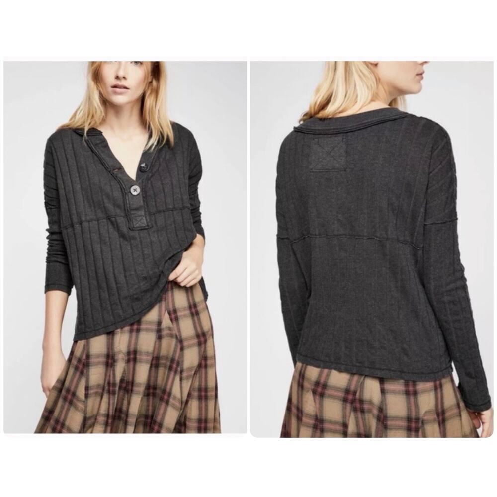 WE THE FREE PEOPLE In The Mix Henley Top Boxy Oversized Ribbed Slouchy Size M